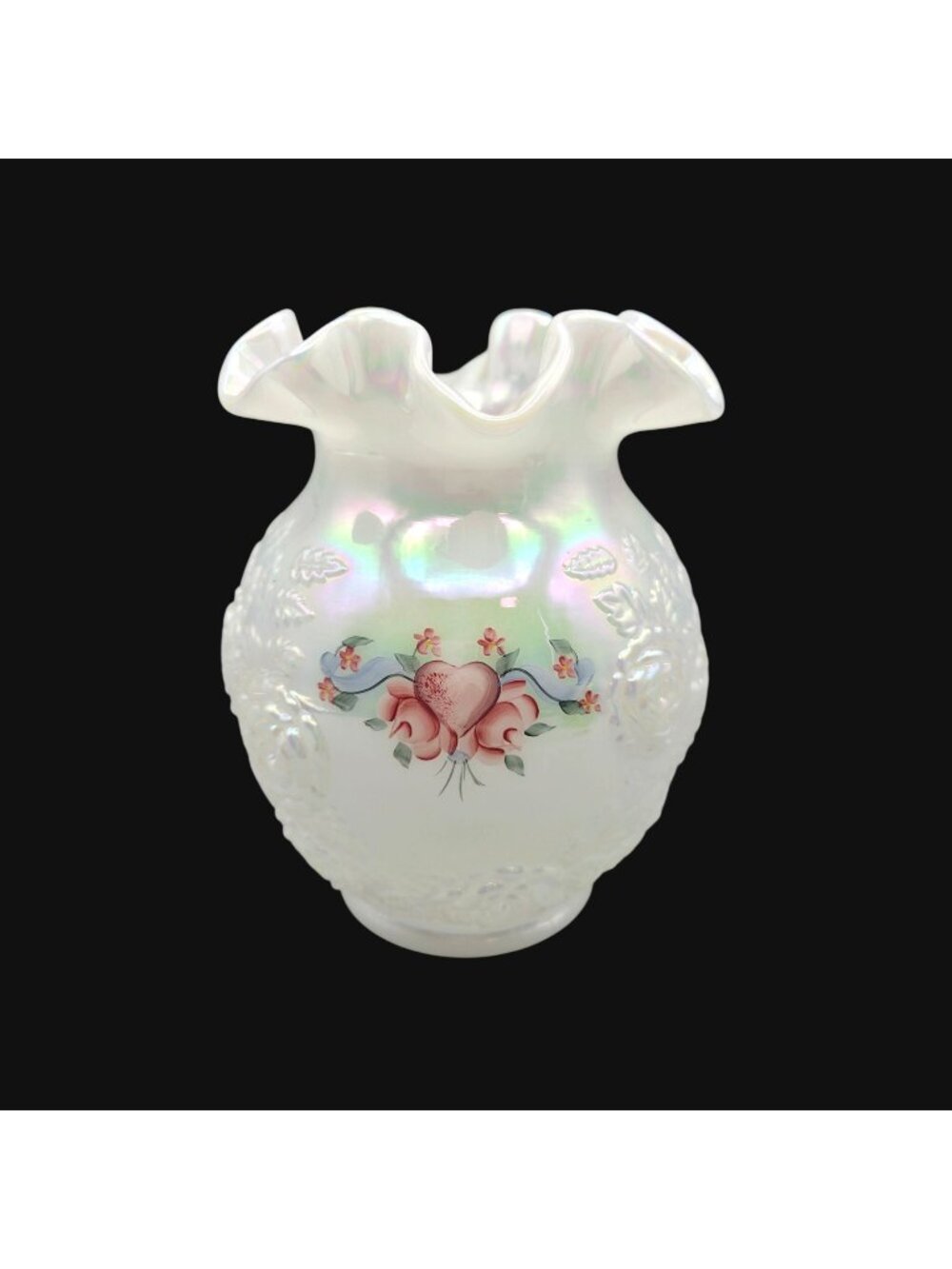Vtg Fenton Hand Painted White Milk Glass Ruffled Vase Hearts Flowers J Lherke